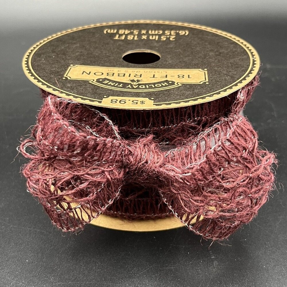Loose Weave Detailed Wired Wreath Ribbon Burgundy Maroon Wine 2.5" x 18' Burlap